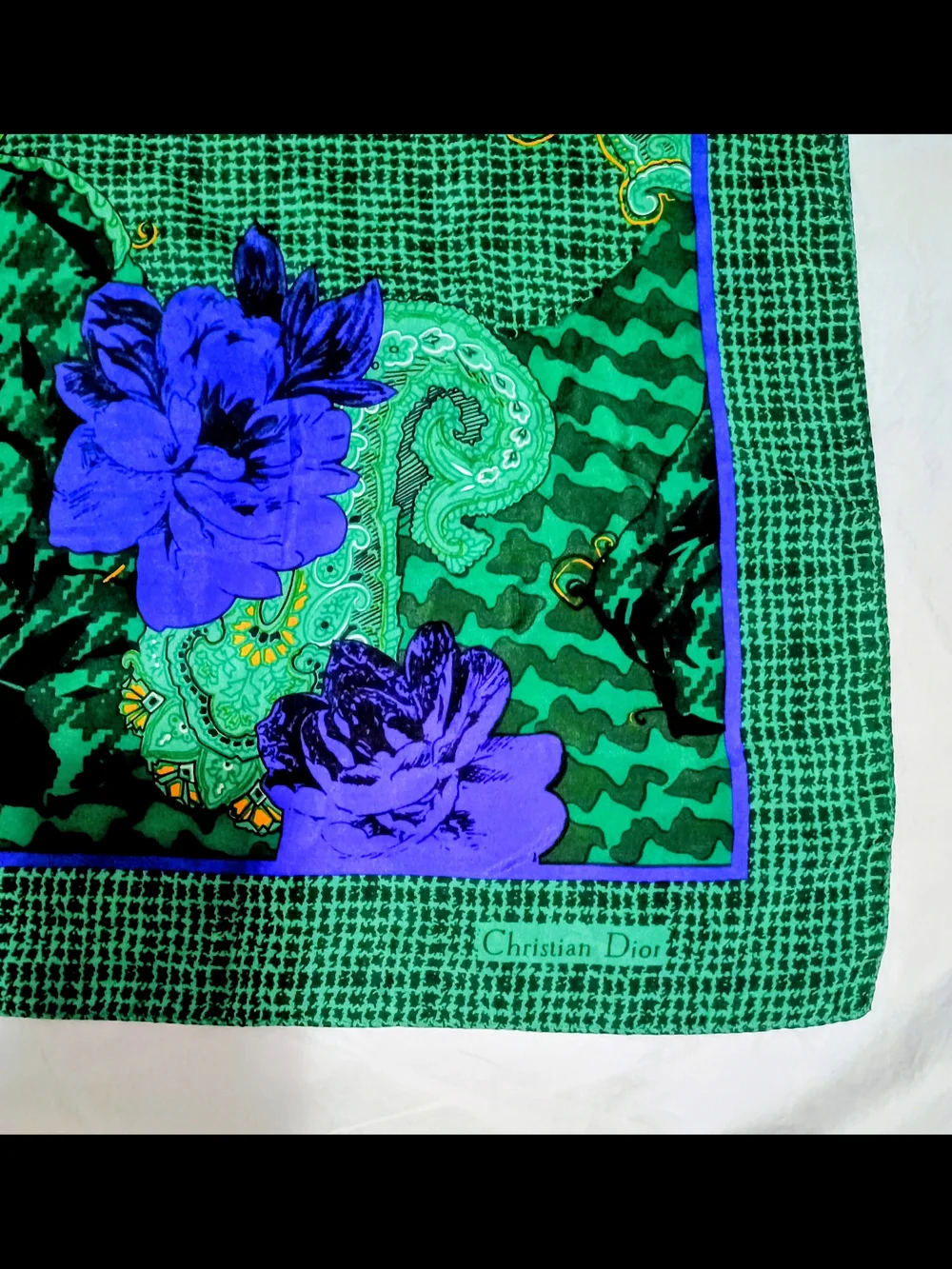 CHRISTIAN DIOR Green & Purple Floral Paisley Square Silk Scarf